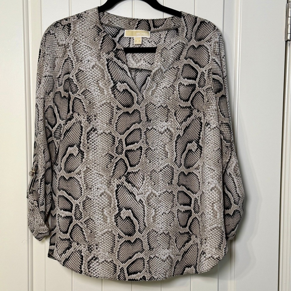 Michael Kors Snakeskin Print V-Neck Roll-Tab Sleeve Blouse Tan Black Small